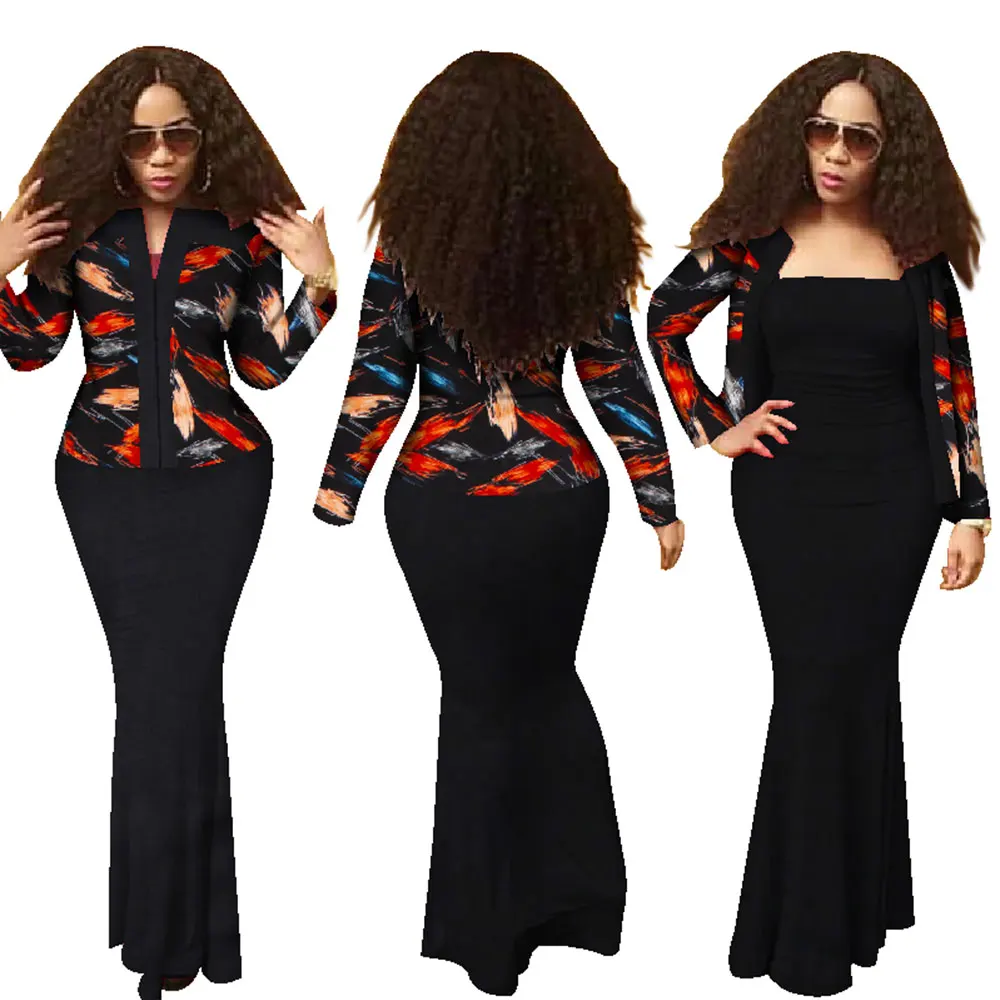 Bintarealwax African 2 Pieces Set for Women New Style Dashiki Crop Top Long Dress Suits Plus Size Traditional Clothing WY1313