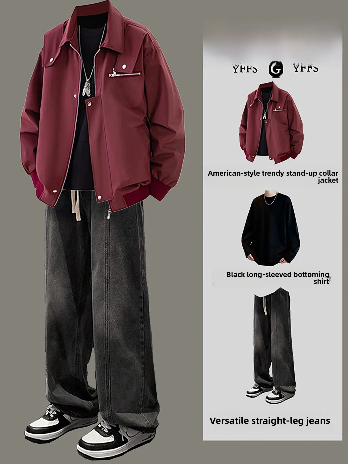 

American Sle ort Workwear Jaet for Men Spring Season Whole Set High-End Feel Pilot Collar Baseball Suit Casual Sport Set