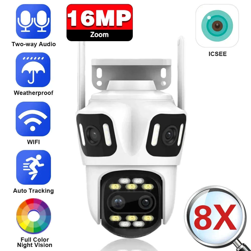 8K 16MP Video Surveillance Camera WiFi CCTV 8X Zoom Outdoor Wireless 360 Security IP Camera PTZ Four Lens Wi-Fi Cameras ICSee