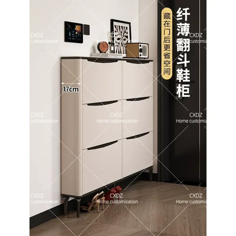 Ultra Thin Shoe Cabinet Small Narrow Entryway Storage Tipping Bucket Modern Simple Design for Apartment Door Space Saving