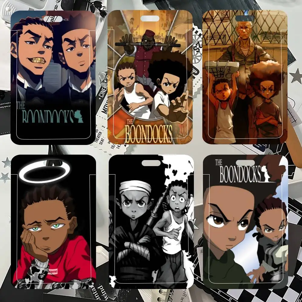 

B-Boondocks Retro Anime ID Card Holder Neck Strap Pendant Door Badge Holder Lanyards Keychain Work Credential Case Gift