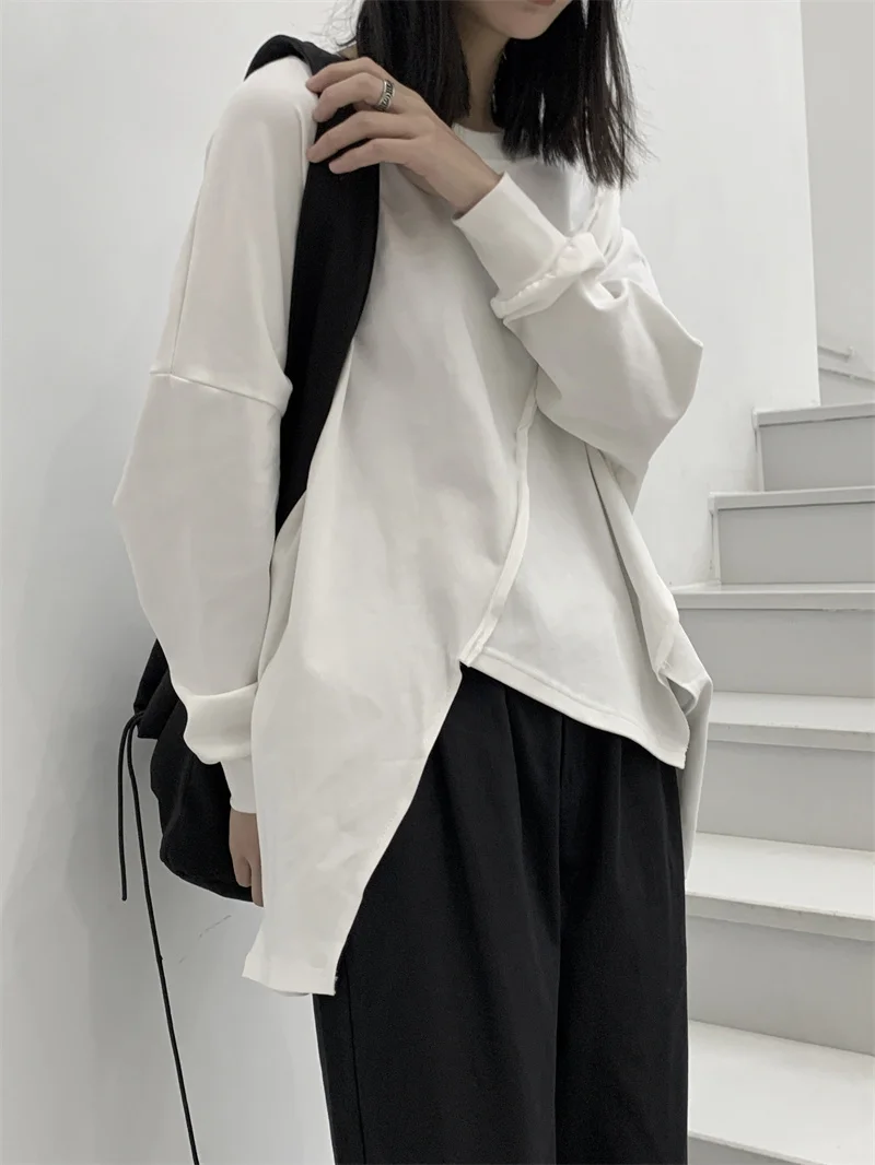 

Spring Dark Long Sleeve T-Shirt Loose Unusual Design Splicing Super Slim round Neck Pure Cotton Top Women's Fashion Sweatshirt