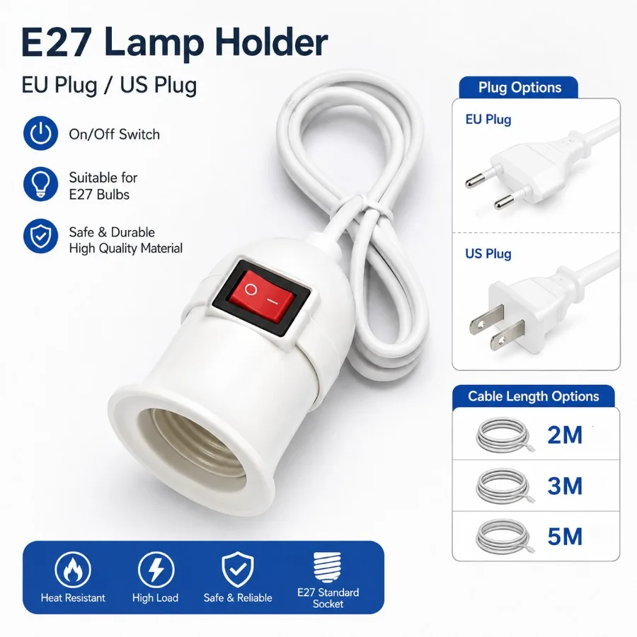 EU/US E27 Extended Version Portable Cord Lamp Holder EU/US Standard Plug for E27 Edison,spiral,UFO,corn,induction Light Bulb