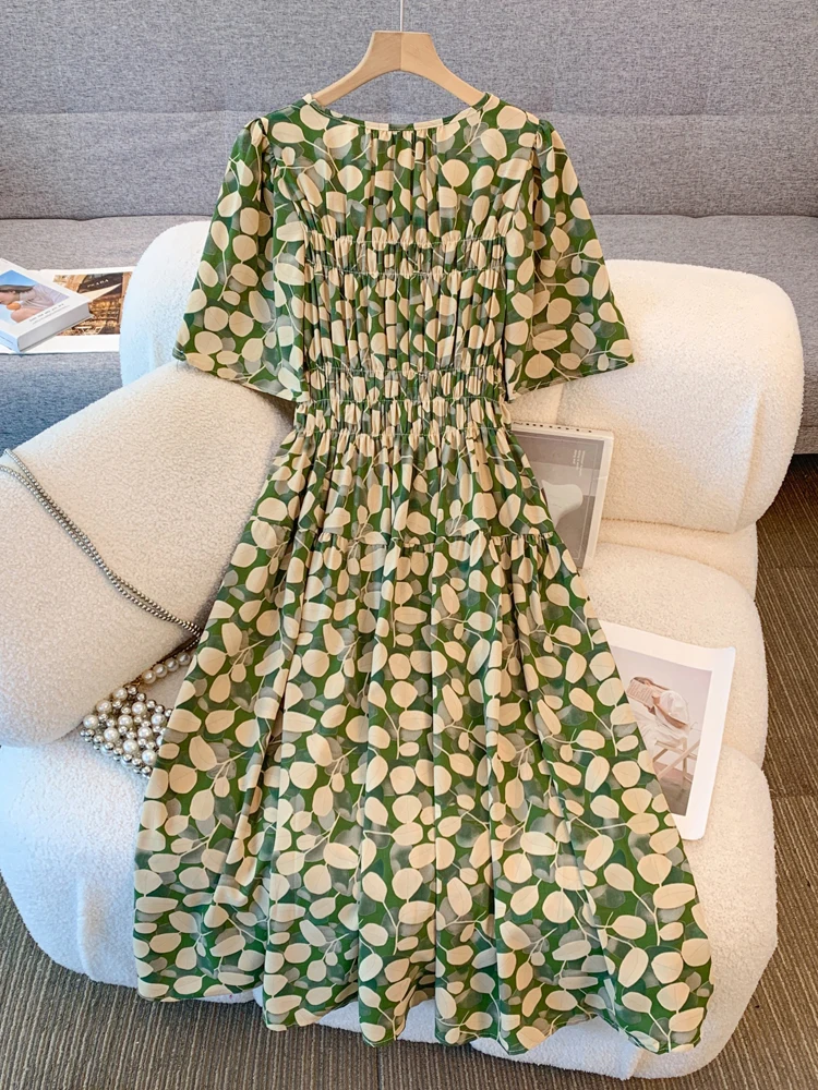 فستان نسائي مقاس كبير من NYFS لصيف 2025 فستان فضفاض مم مطبوع بخصر عالٍ وأكمام منتفخة فساتين طويلة رداء Elbise على الطراز الكوري