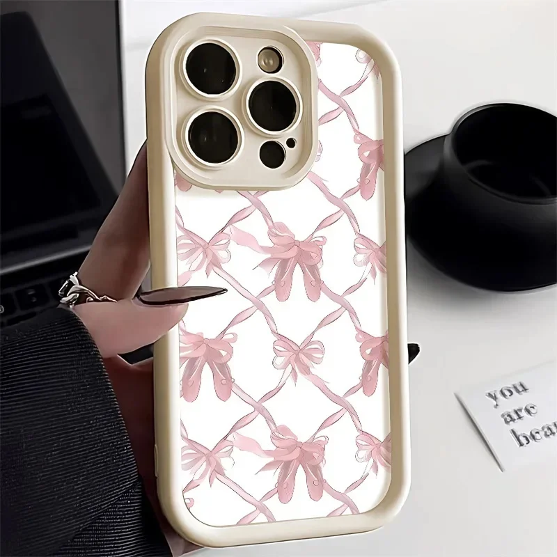 Korean Cute Pink Bowknot Silicone Phone Case For iphone 15 14 13 12 11 Pro Max 7 8 Plus XR XS SE X Candy Lens Protectiou cover