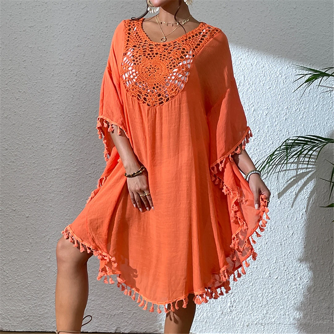 Neue Tunika mit Fransen, Quasten und Stickerei, halblange Ärmel, Strandkleid, langes Strandkleid, Strandmode, Damen, V5328 – Detail 20