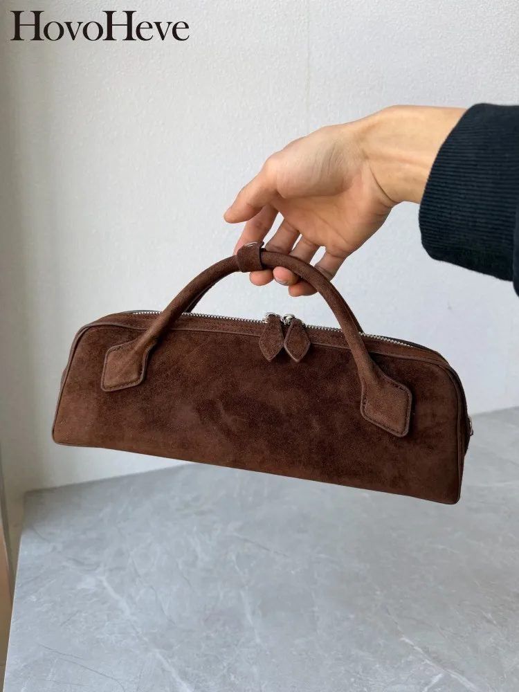 Fashion Office Ladies Genuine Leather Baguette Handbag Female Solid Color Sheepskin Suede Bags Designer Zipper Crossbody Bag