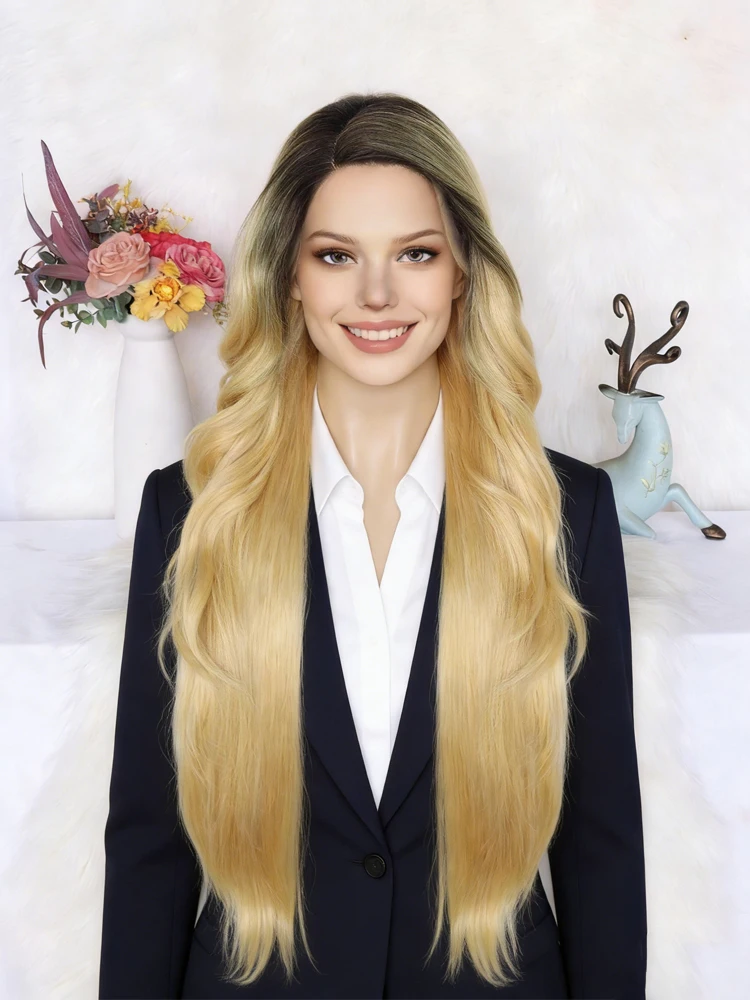  Women's Synthetic 13*4*1 Lace Front Wig - Long Body Wave Design, Ombre Black-Rooted Blonde, Heat Resistant, for Daily Wear