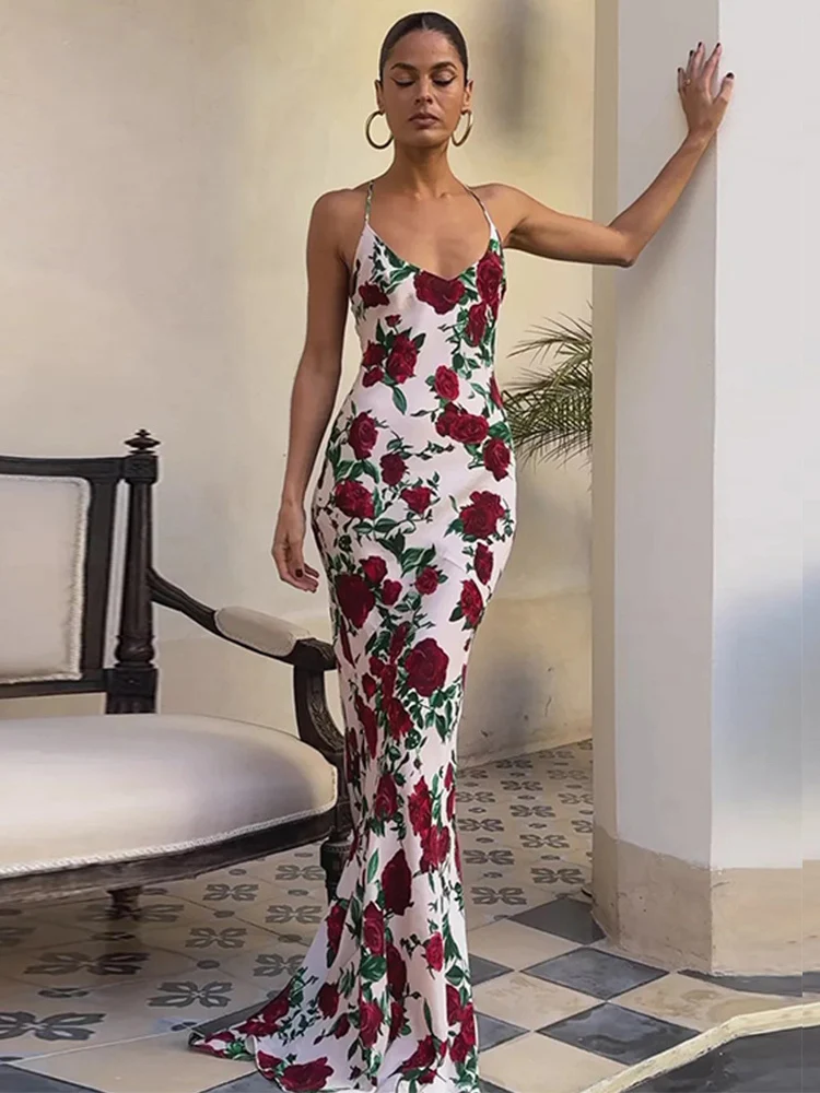 

Absobe Sexy Floral Print Backless Maxi Dress Women V-Neck Sleeveless Spaghetti Strap Summer Sundress Lady Elegant Partywear