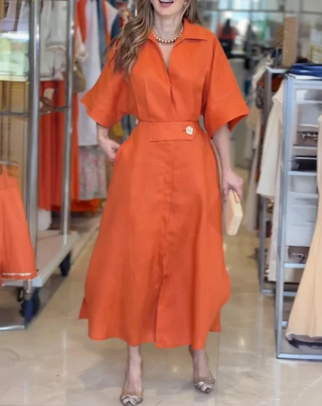 レディースドレス 2025 春の新ソリッドカラーターンダウン襟半袖マキシドレスカジュアルウエストスリットポケットシャツドレス