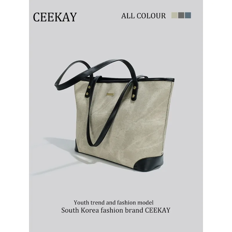

2026 New CEEKAY Vintage Tote Bag, Distressed Canvas Shoulder Bag with Leather Trim, Large Capacity Handbag for Women hand bags