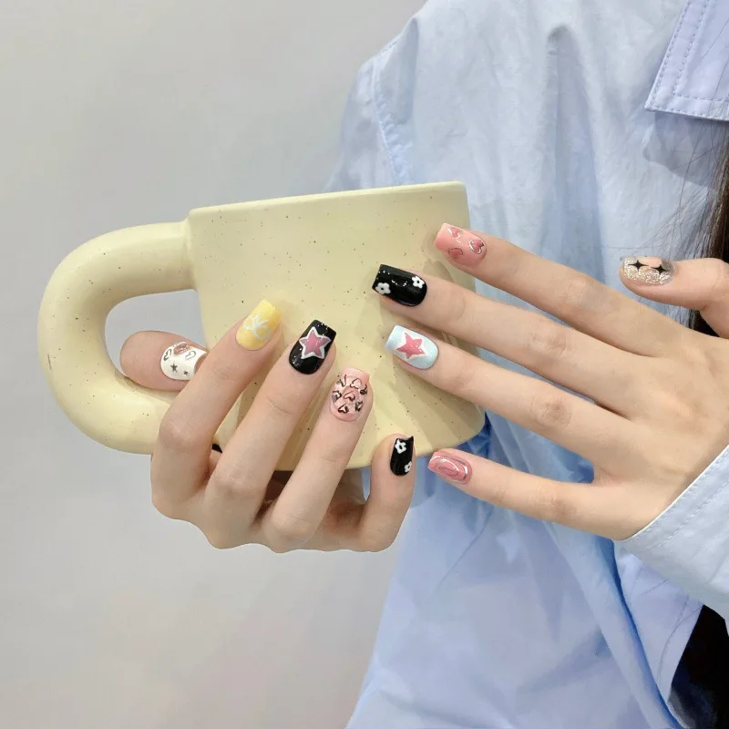 

10PCS Sweet Cool Blue Medium Square Handmade Press on Nails Y2k Stars with Bow Heart Designs French Fake Nails Wearable Manicure