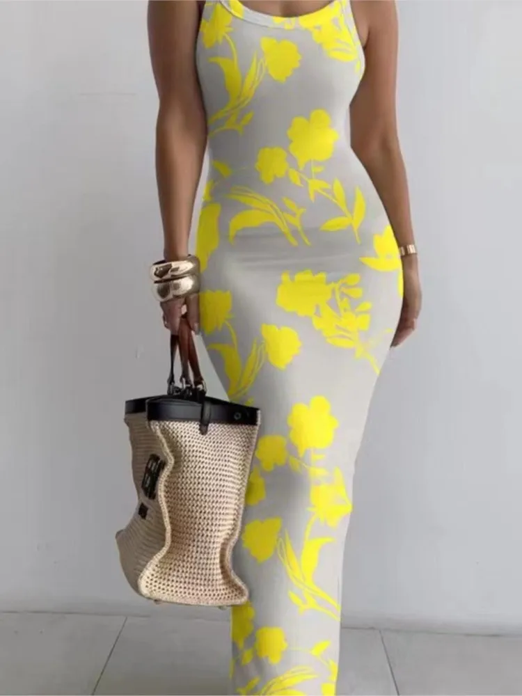 พิมพ์Slimสปาเก็ตตี้เซ็กซี่ชุดยาวผู้หญิงแฟชั่นอินเทรนด์Y2kแขนกุดผอมBodycon Maxi Vestidosฤดูร้อนใหม่