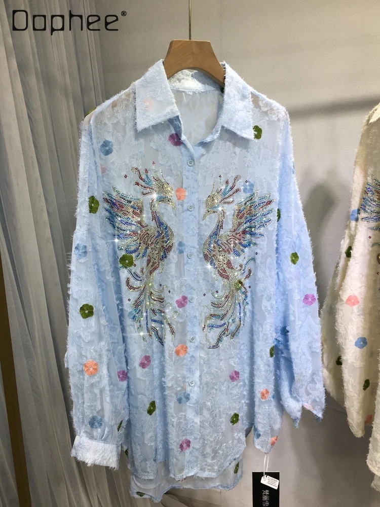 Phoenix ricamo foratura a caldo camicie a maniche lunghe donna primavera estate a pois leggero traspirante sciolto top di media lunghezza