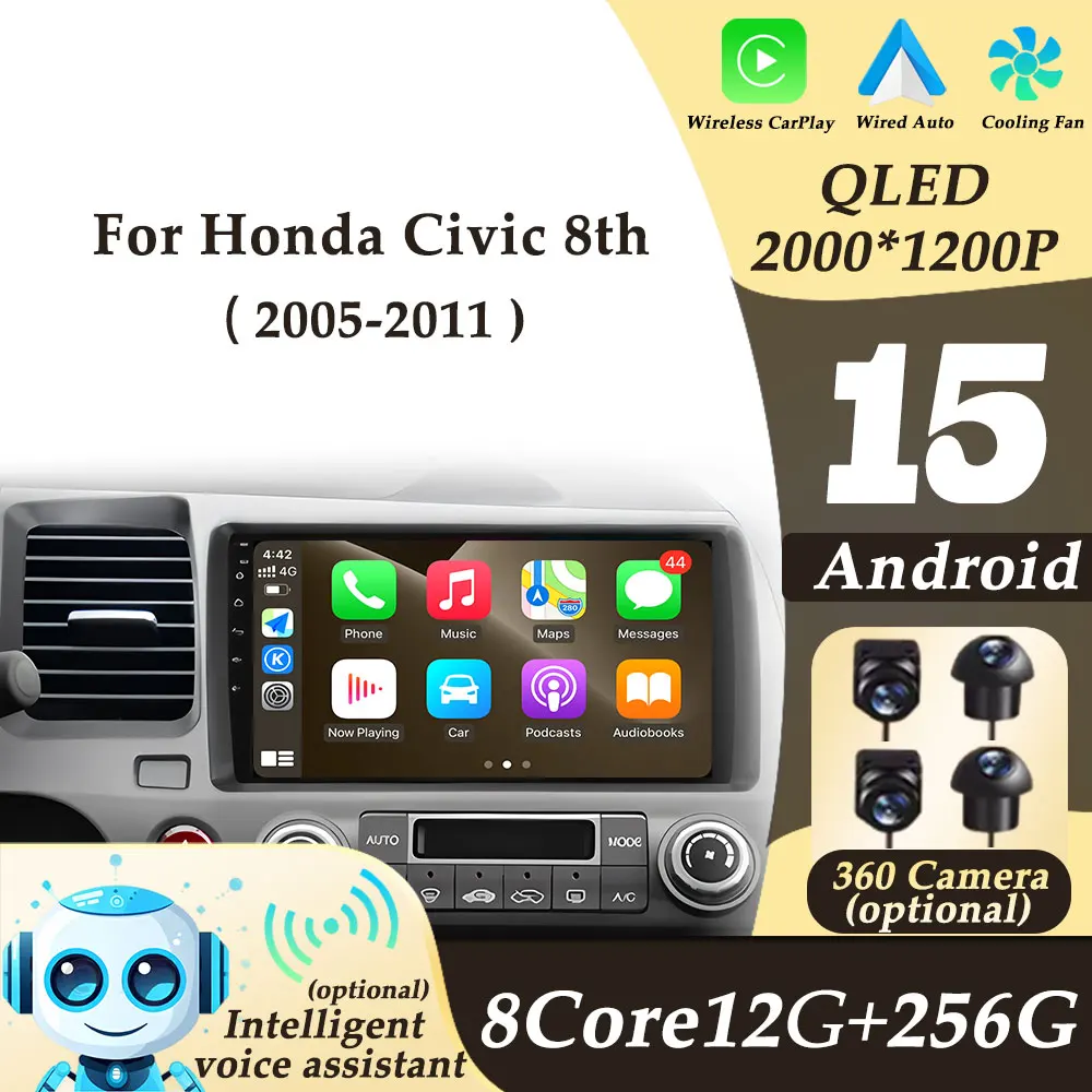 

Левый руль для Honda Civic 8 2005-2011 Android 15 Автомобильный радиоприемник Видео Аудио Мультимедийный плеер Беспроводной CarPlay GPS Navi DSP
