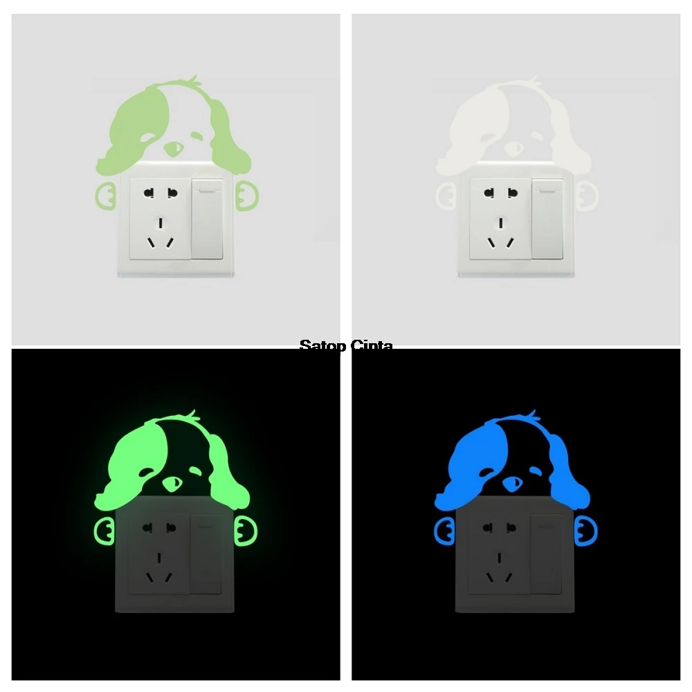 1pcs Cute Dog Glow In Dark Light Blue Switch Adhesive Stickers Luminous Cartoon Animal Wall Decals For Kids Bedroom Nursery Home