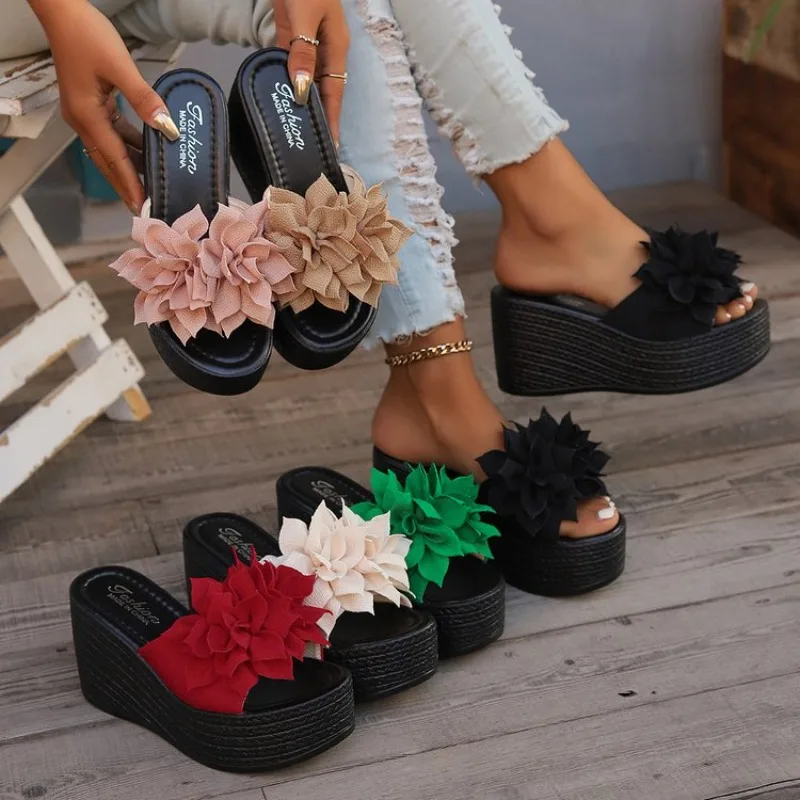 

Women Platform Slippers 2024 New Summer Sexy Beach Wedges Sandals Fashion Flower Slides Women Casual Slippers Women High Heels