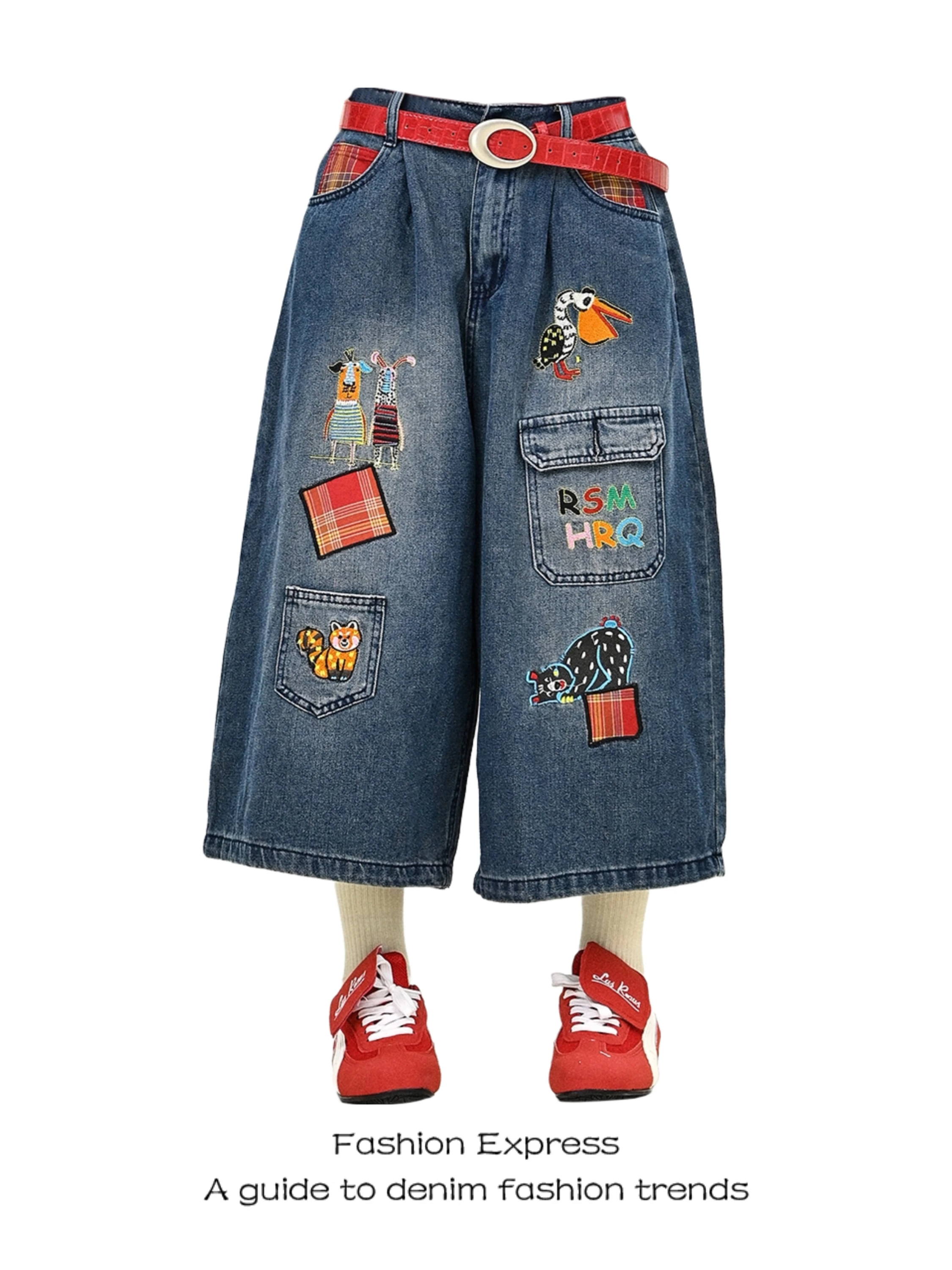 

Женские джинсовые шорты с мультяшной вышивкой, новинка лета 2025, модные свободные широкие брюки-капри с высокой талией