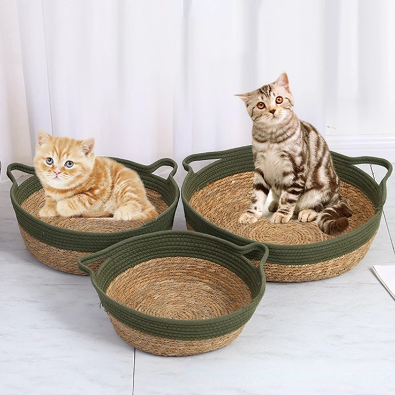 Cattail Weaving Pet Bed Summer Cool Rattan Kennel Cat Litter Kitten Scratching Sleeping Pad Pet House Pet Supplies