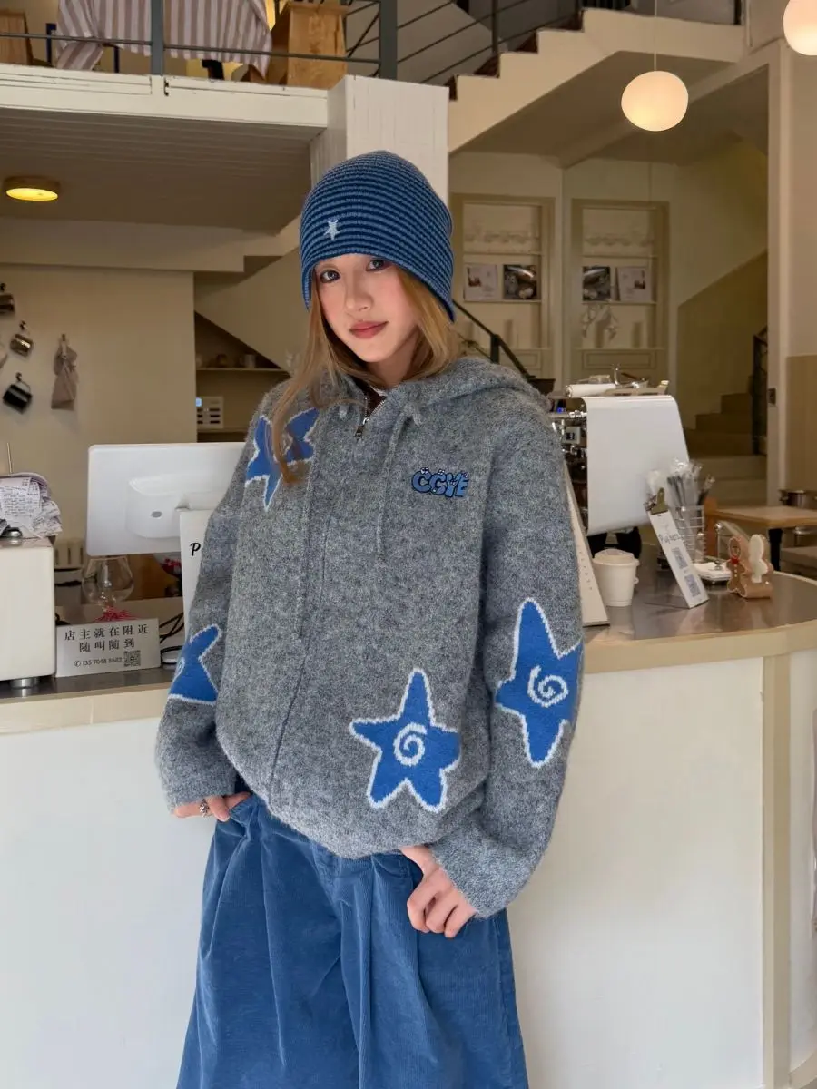 American Style Retro Star Hooded Sweater Coat Women's Autumn and Winter New Loose Lazy Style Casual All-match Knitted Cardigan