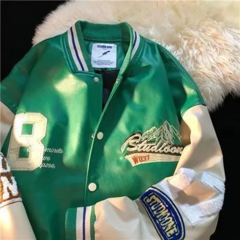 2026 2024 New American Retro High PU Leather Baseball Uniform Men And Women Y2K Couple Bomber Jacket Top Street Casual Ja view 6