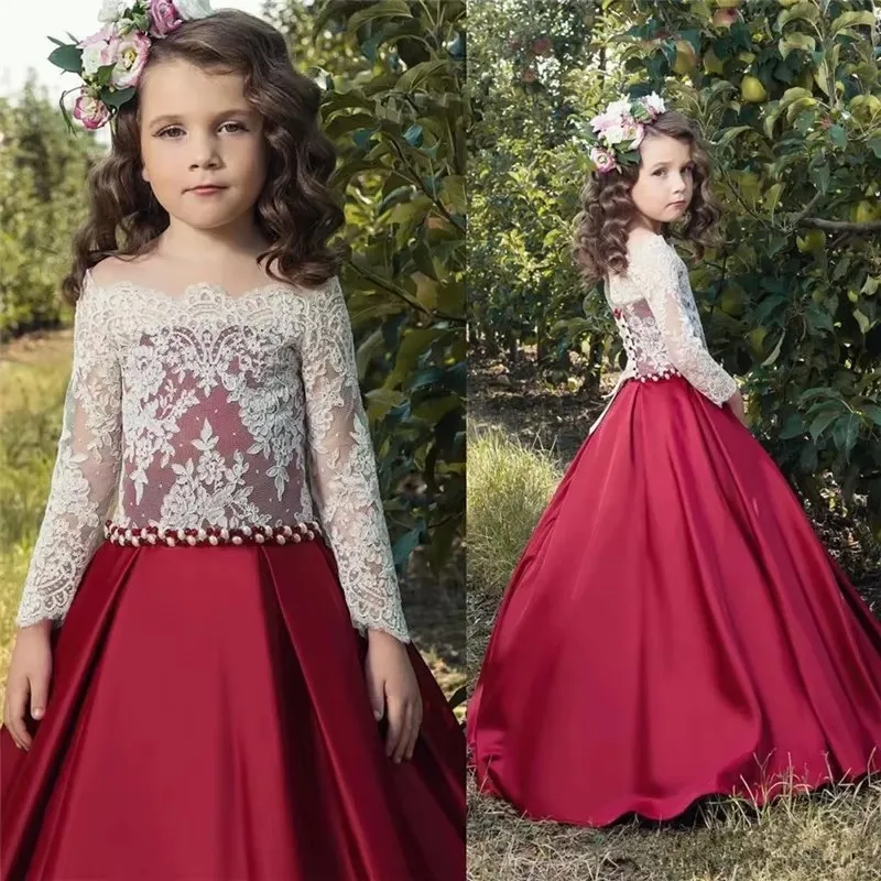 Customized Red Flower Girl Dress For Wedding Lace Full Sleeves Beading Satin Simple Elegant Kids First Communion Banquet Gown