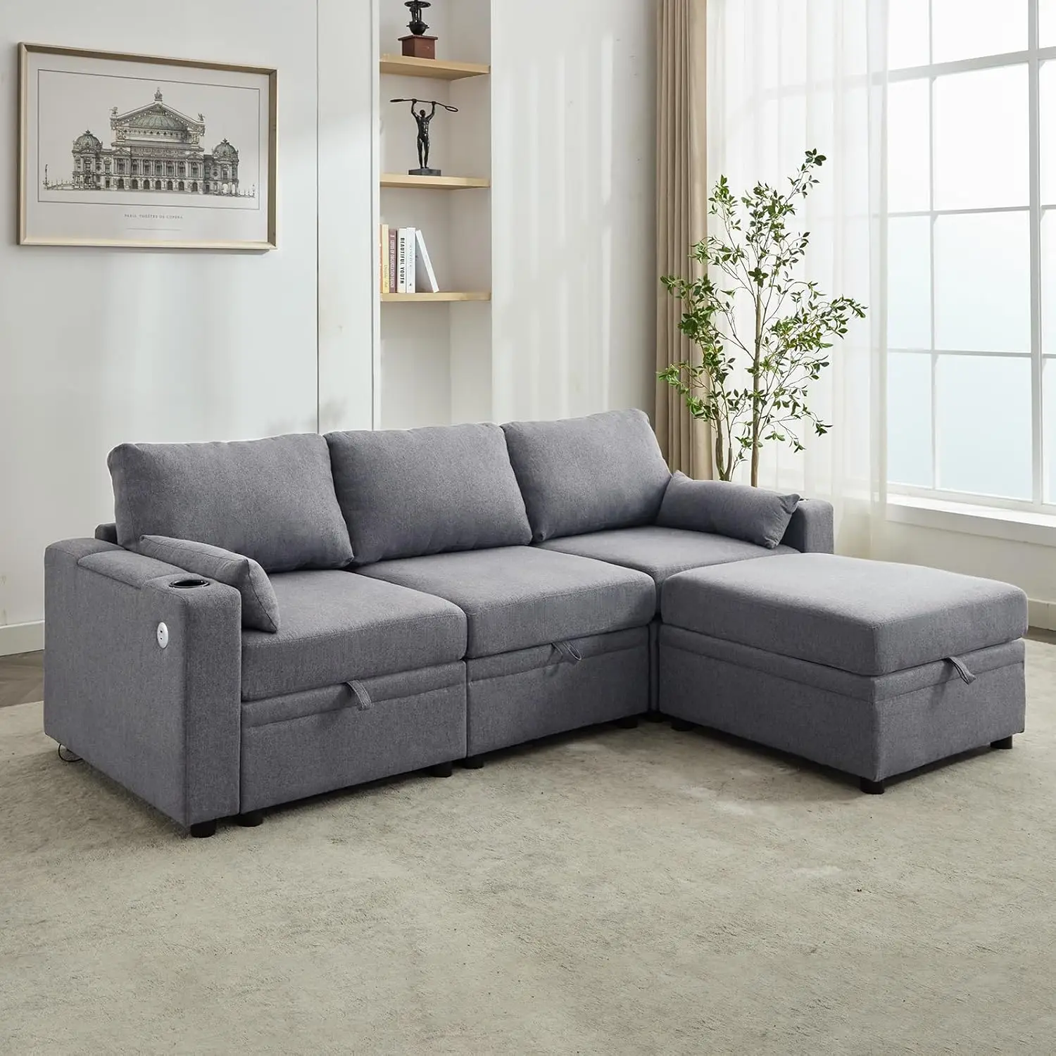 

Modular Sectional Sofa with Storage, Convertible L Shaped Sofa Couch with USB Port & Cup Holders, 4 Seat Sofa Couch with Chaise