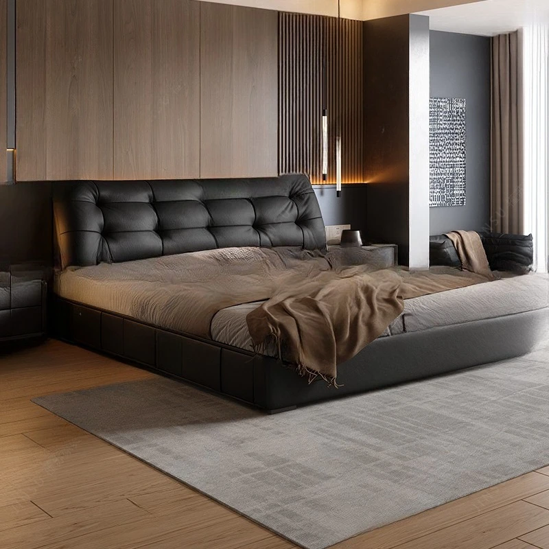 

First layer, cowhide, retro, simple, modern, light luxury, double, minimalist, high-end, leather art bed