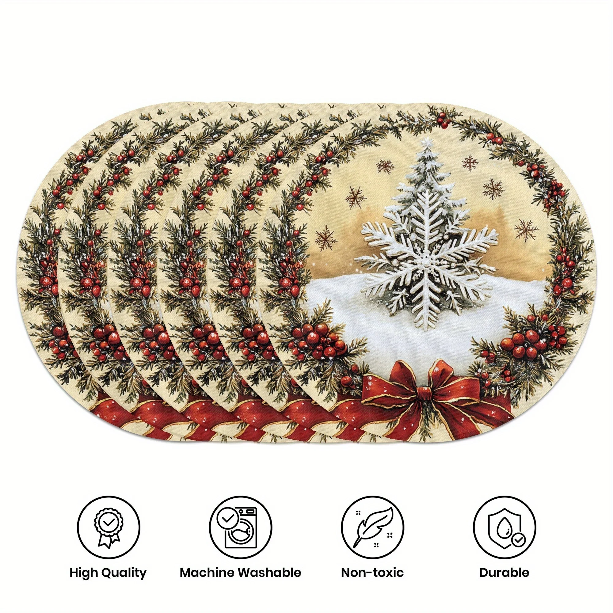 VIKAMA 6PC Weihnachten Tannenzapfen Beerenmatte Zederrote Beere Schleife Schneeflocke Tisch Restaurant Weihnachtsfeier Dekoration