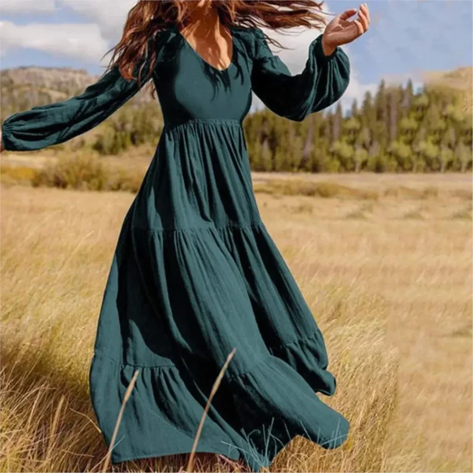 

Elegant V-neck High Waisted Ruffle Spliced Long Dress Autumn Streetwear Women's Large Swing Dress Платье Женское Femme Robe