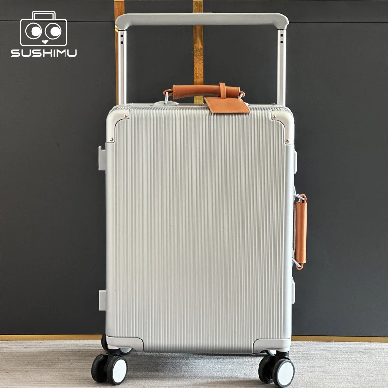 sushimu Suitcase Wide Handle Travel Suitcase Men 20 24  Carry-On Luggage Women PC Aluminum Frame Trolley Case