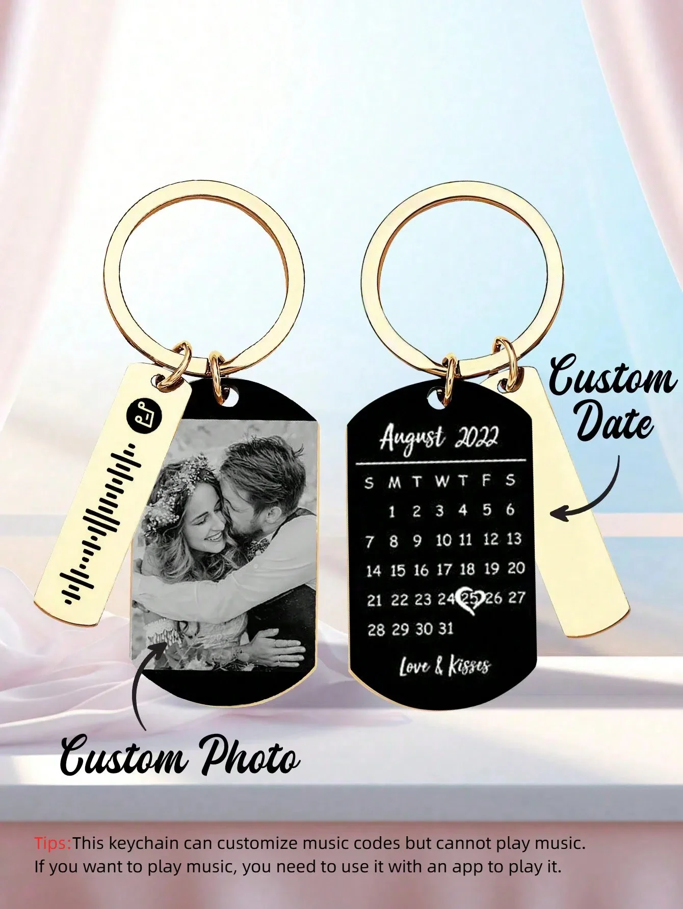 Custom Couple Photo Keychain With Personalized Date And Music Code Tag