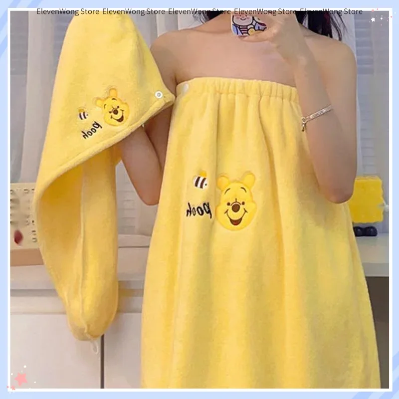 New Disney 2pcs Winnie The Pooh Bear Plush Dry Hair Cap and Shower Skirt Anime Kawaii Bathrobe Towel Travel Accessories