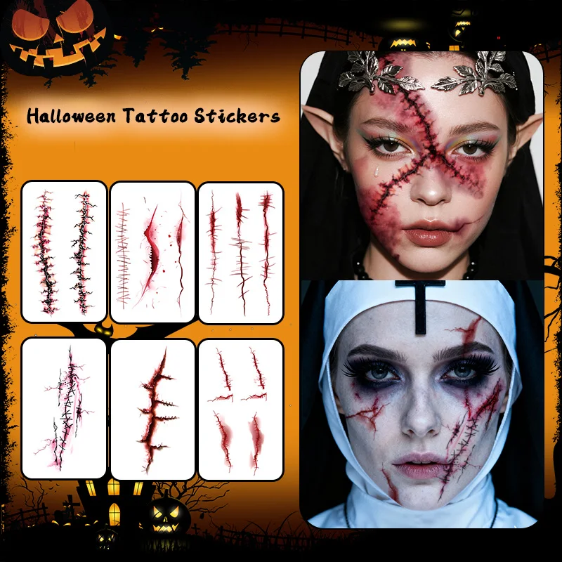 Halloween Horror Scar Temporary Tattoo Sticker, Long-lasting and Waterproof, Tears of the Nun, Tattoo Sticker for Face Arm