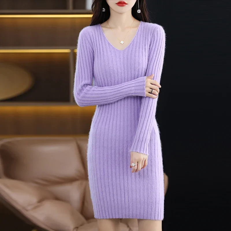 2023 Mink Cashmere Sweater Ladies V-Neck Solid Color Long Knit Skirt Pullover Sweater Autumn And Winter New Bottoming Dress