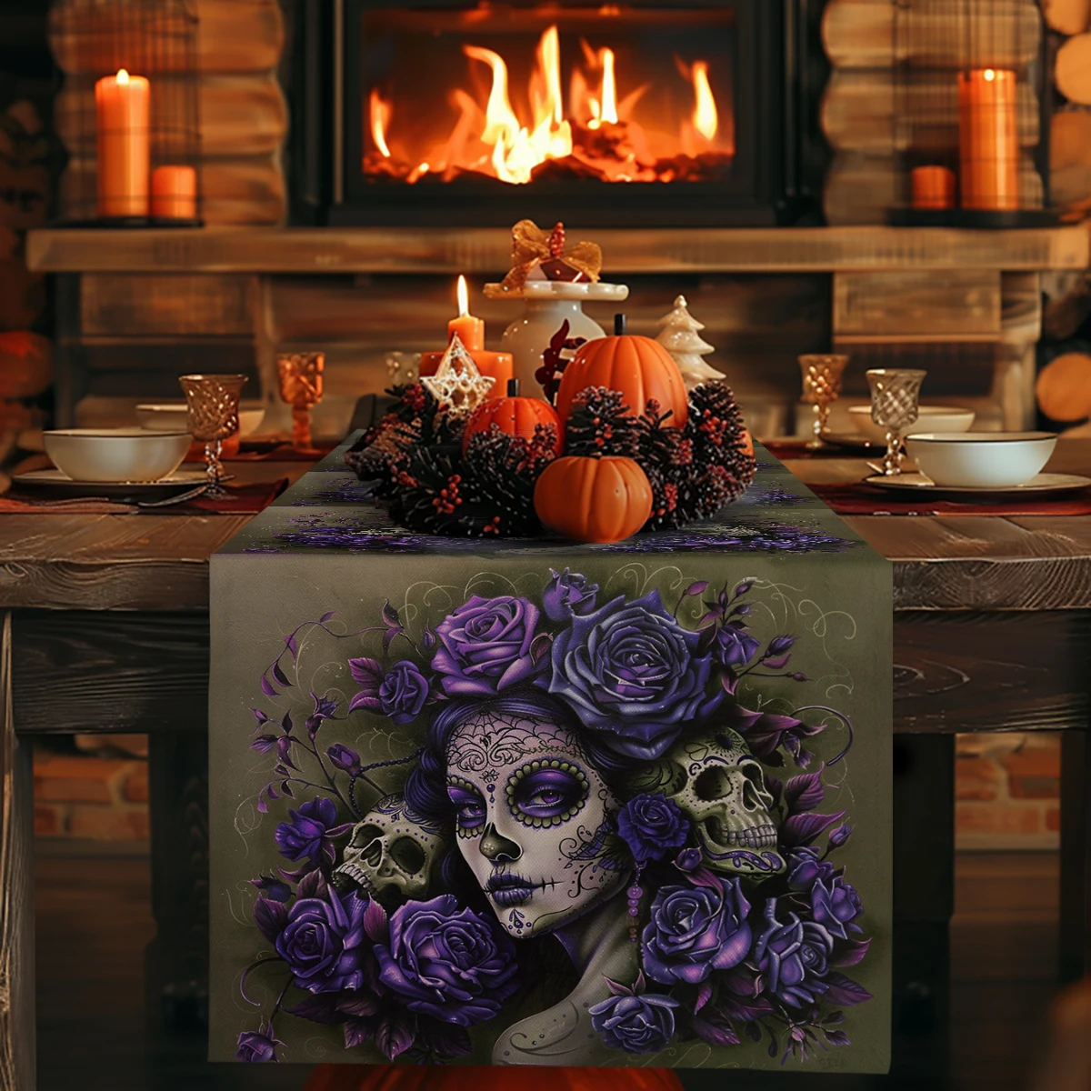 Halloween Witch Rose Tattoo Table Runner Kitchen Dining Decoration Table Runners Holiday Decorations Room Decor