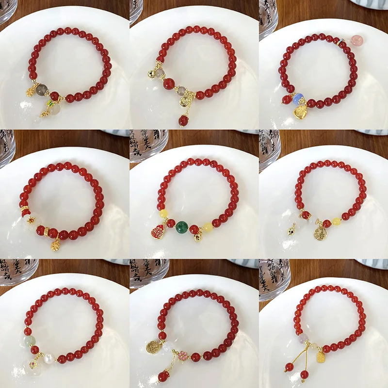 

Year 6mm Agate Collection New Artistic Retro Chinese Style Lucky Red Peach Blossom Gourd Bracelet