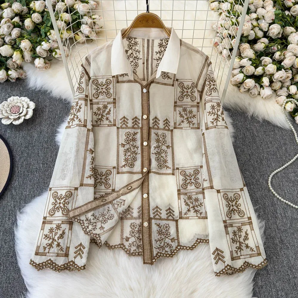 

Vintage Floral chiffon Embroidered Blouse Slim Elegant Korean Fashion Sexy Summer Women Shirt Femme sweet