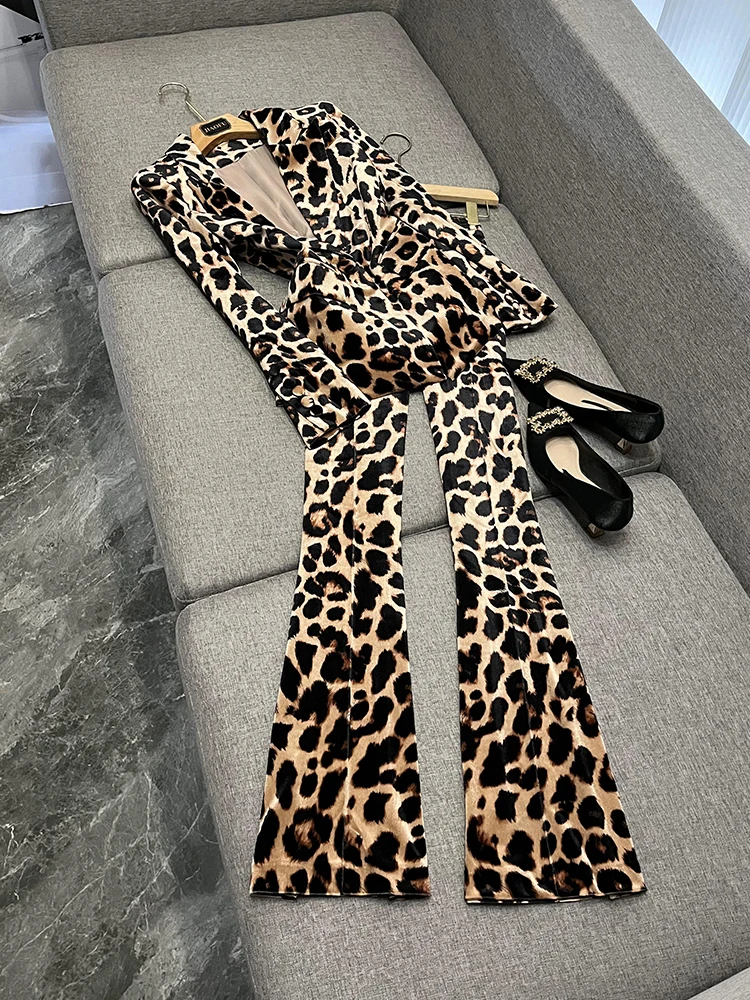 

Новое поступление, золотой бархатный профессиональный костюм с леопардовым принтом, расклешенные брюки, комплект из двух предметов, модная женская одежда для поездок на работу