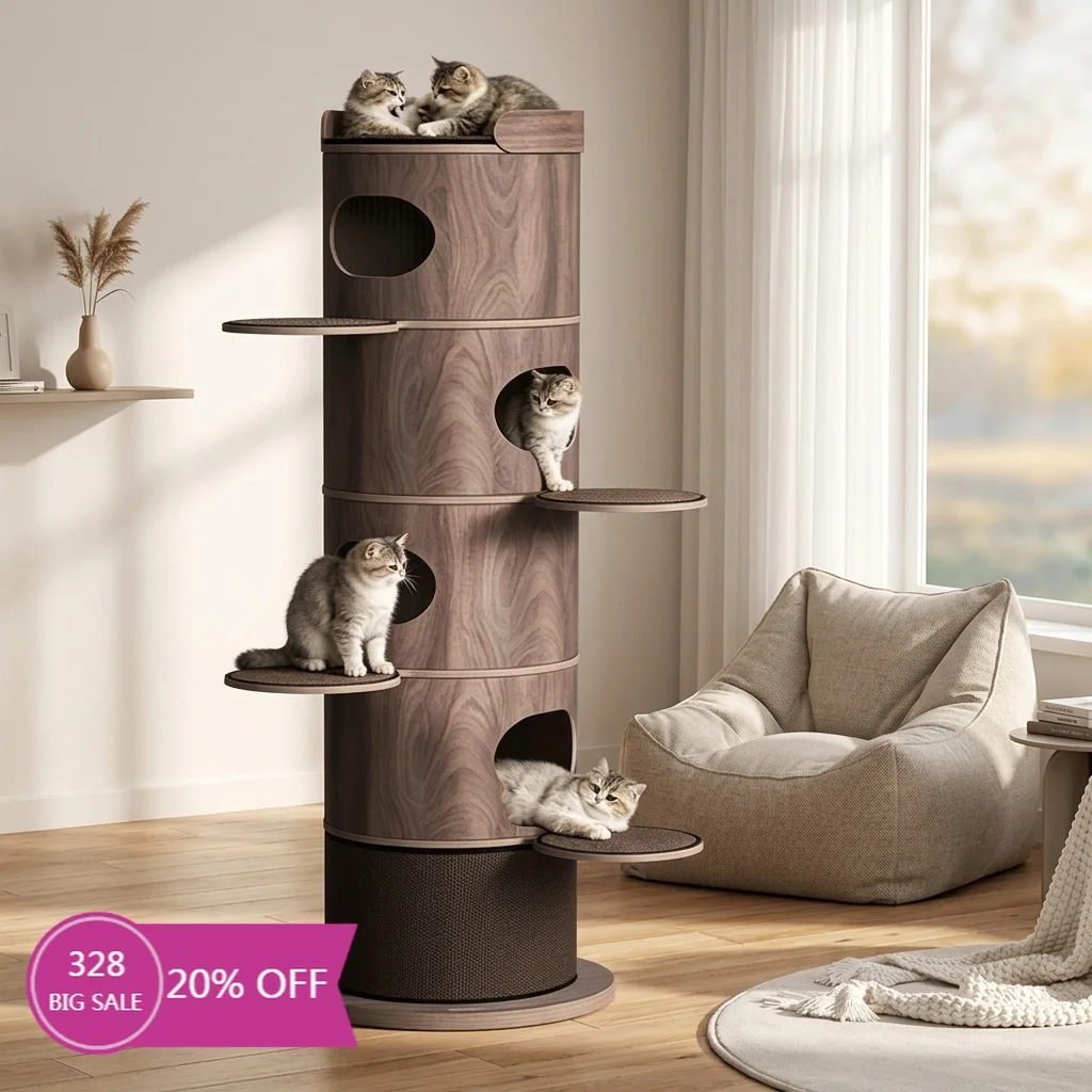 Solid Wood Sisal Scratching Post Multi Cat Cat Tree Sturdy Space Saving Christmas Home Decoration