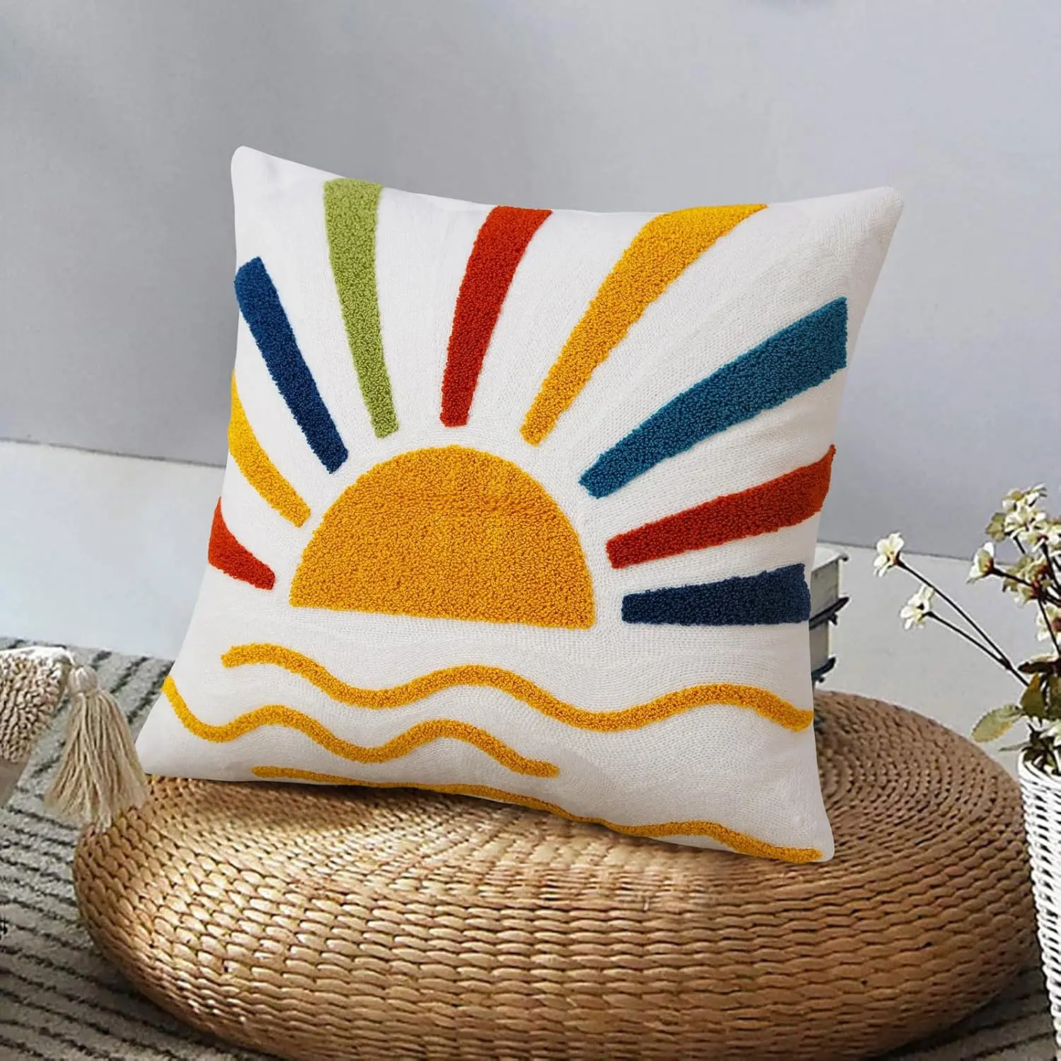Boho Sun Ray Rainbow Throw Pillow Cushion Cover Decor Zipper for Living Room Bedroom Nursery Coastal Beach Farmhouse Accent Pill