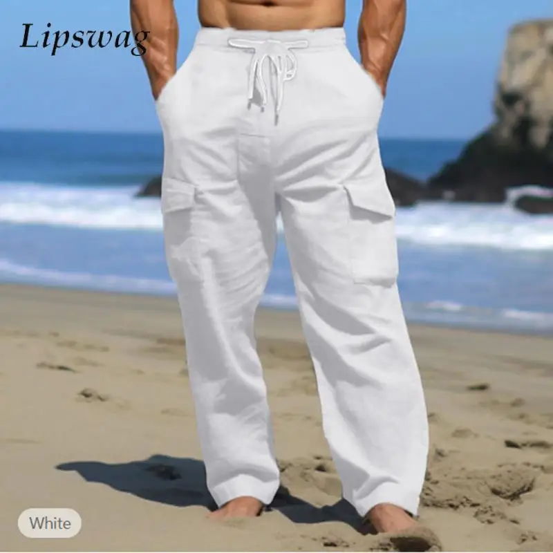 

Vintage Drawstring Mens Cargo Trousers 2025 Spring Summer Casual Solid Color Loose Straight Pants Men Trendy Mulit Pockets Pants