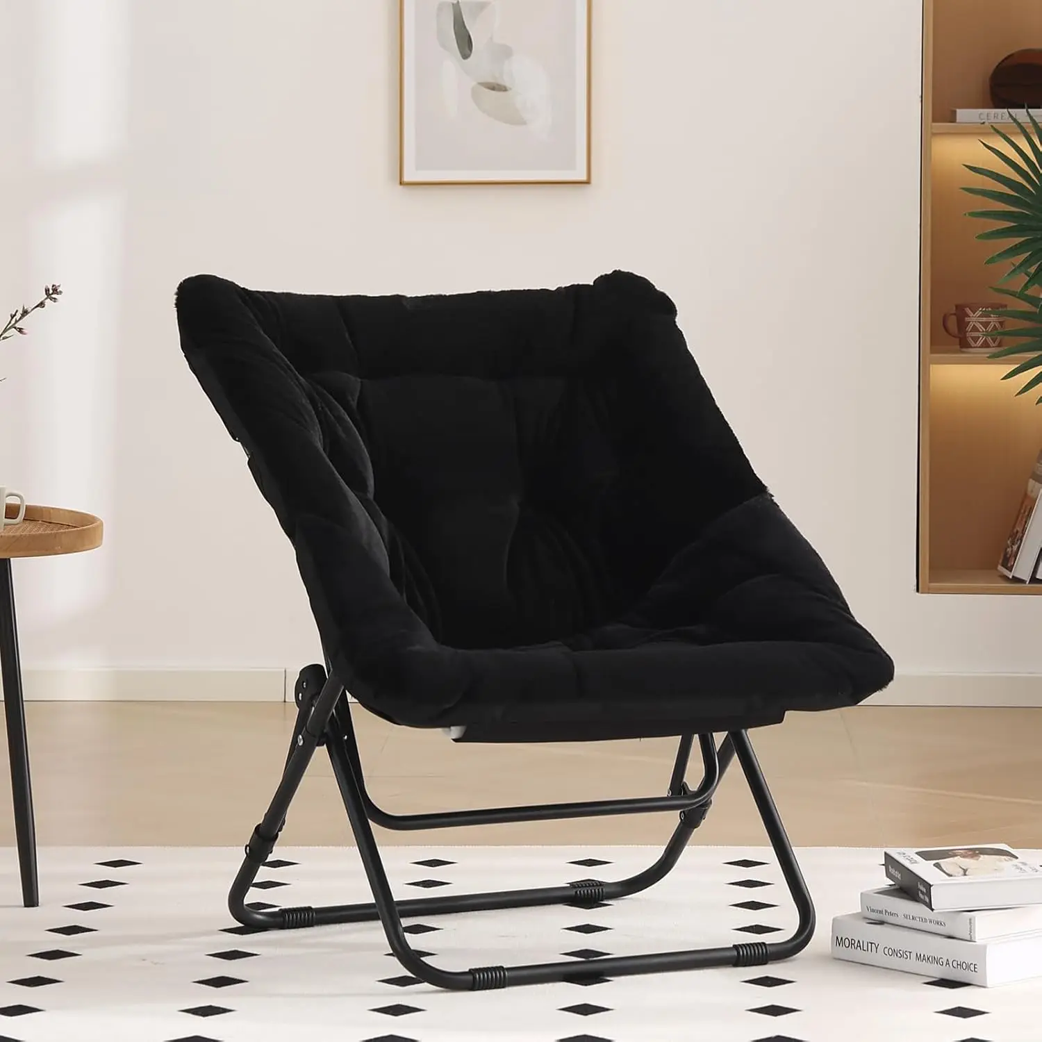 

Oversized Folding Faux Fur Reading Chair Soft with Metal Frame Moon Accent Chair for Bedroom, Living Room