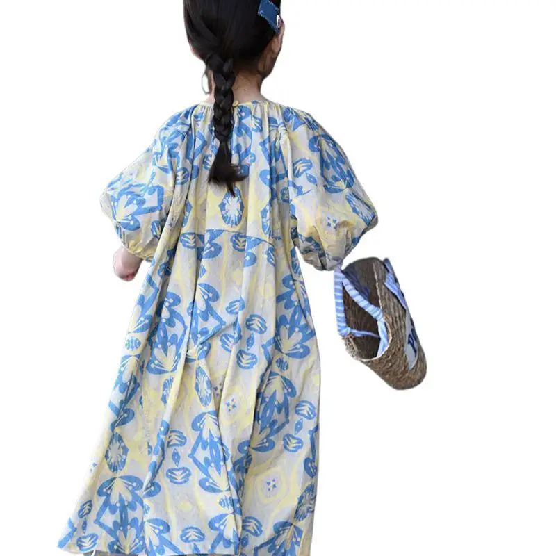 Girls' Dress New Fashionable Children's Dress Spring Summer Outfit Girl Princess Dress Puff Sleeve Floral Long Dress
