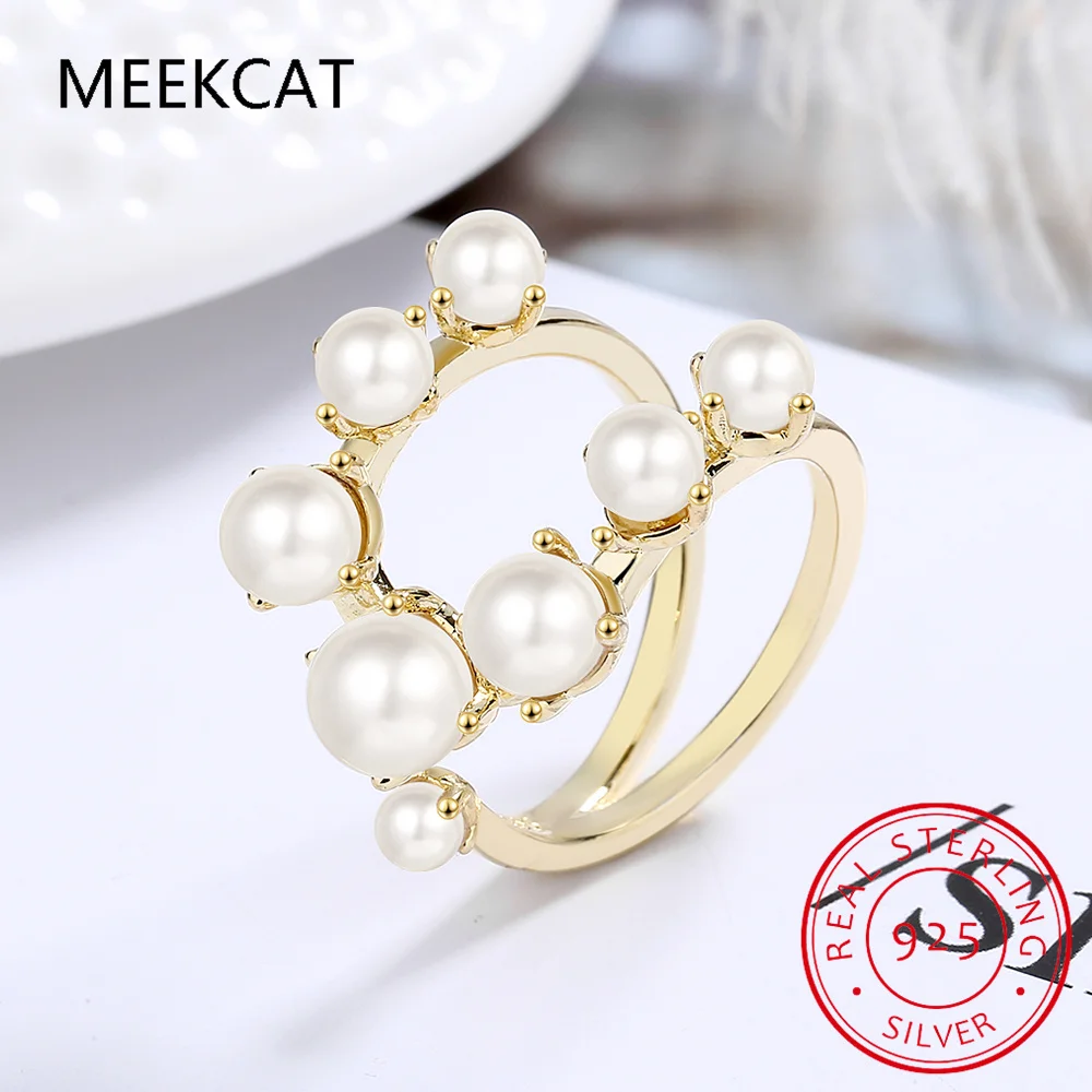 925 Sterling Silver Pearl Geometric Shape Adjustable Size 6-8 Finger Rings Fashion Platinum Plated Jewelry For Women Gift