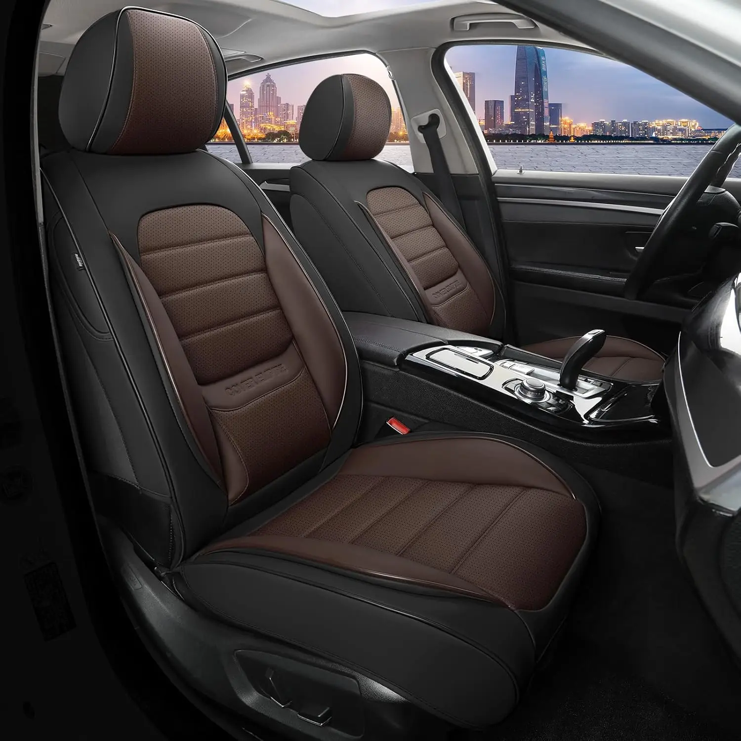 

Universal Leather Car Seat Covers Full Set, Waterproof and Breathable for Most Vehicles, Black & Brown