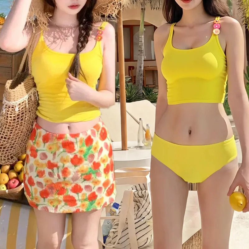 sexy yellow flower spaghetti vest tops bikinis sets 3pcs with flower print mini skirt swimsuits bathing suit biquini swimwear