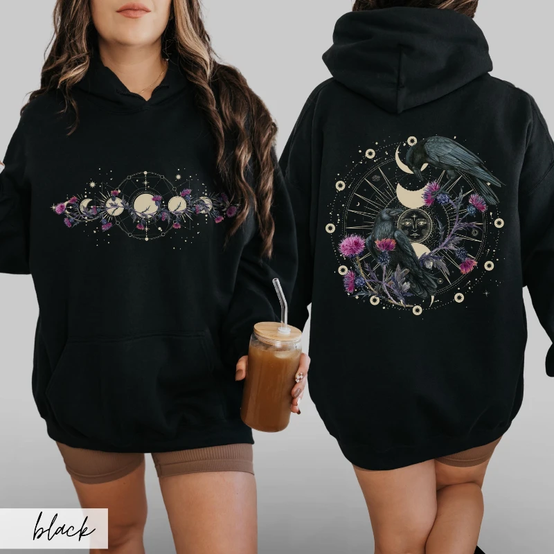 

Celestial Ravens and Thistles Hooded Sweater, Moon Phase Whimsigoth Crow Hoodie, Spiritual Bird Lover Dark Academia