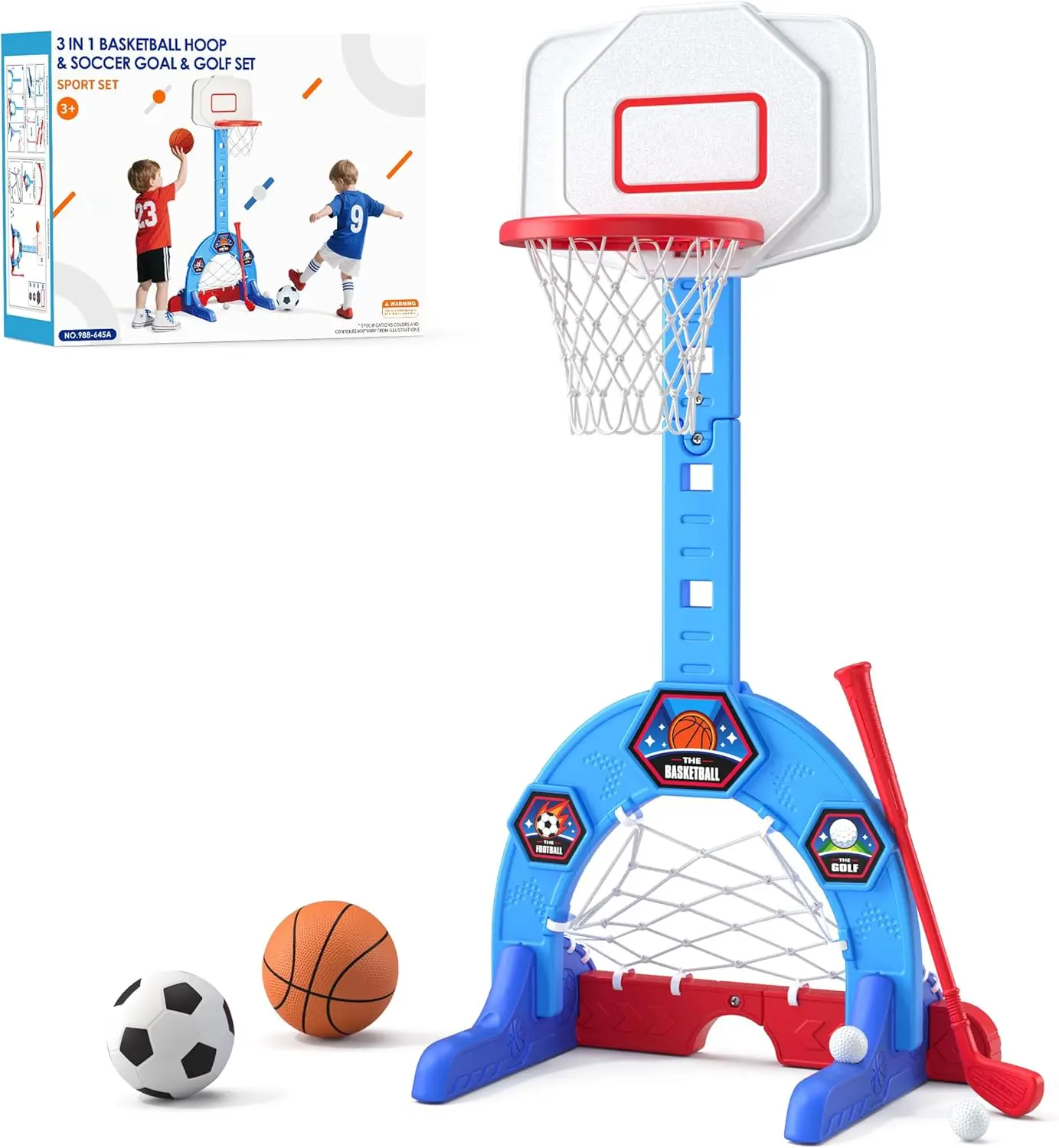 

3-in-1 Sports Center for Toddlers, Adjustable Basketball Hoop with Soccer Goal & Golf Game, Indoor Outdoor Play Set for Boys Girls 3-5