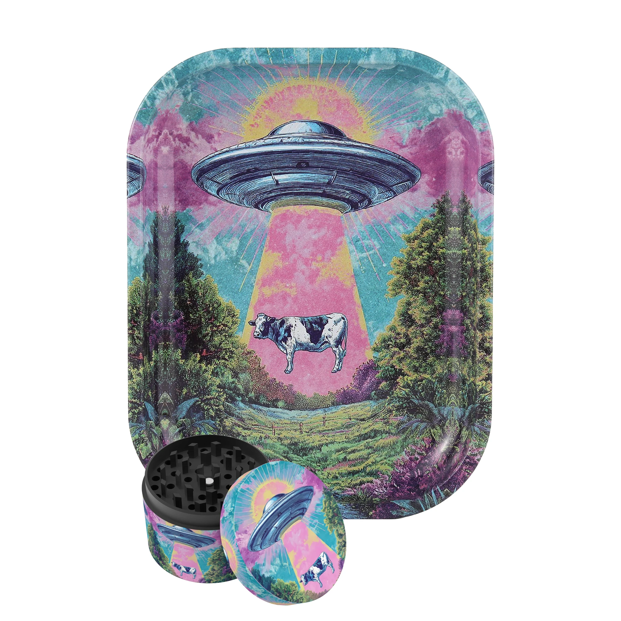 1/2 Pieces Trippy UFO Cow Abduction Rolling Tray & Grinder Set - Perfect Psychedelic Smoking Gift